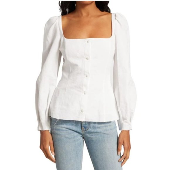 NWT BROCK COLLECTION THELMA LINEN & SILK BLEND PUFF SLEEVE SLIM FIT BLOUSE SZ 6